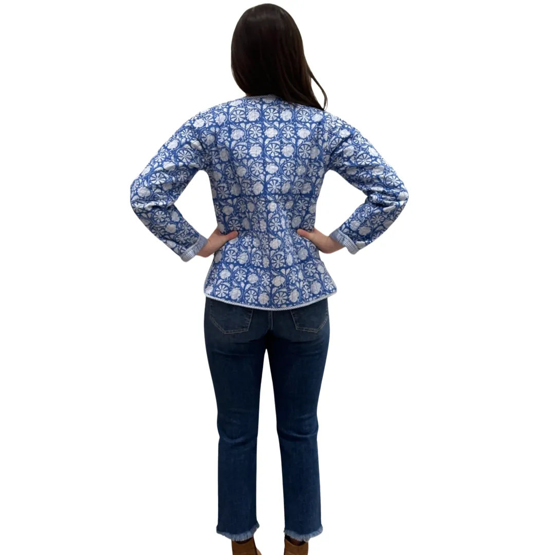 The Madeline Quilted Reversible Jacket in Blue and White Floral