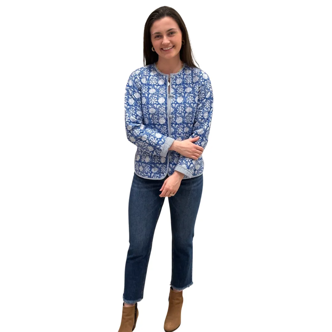 The Madeline Quilted Reversible Jacket in Blue and White Floral