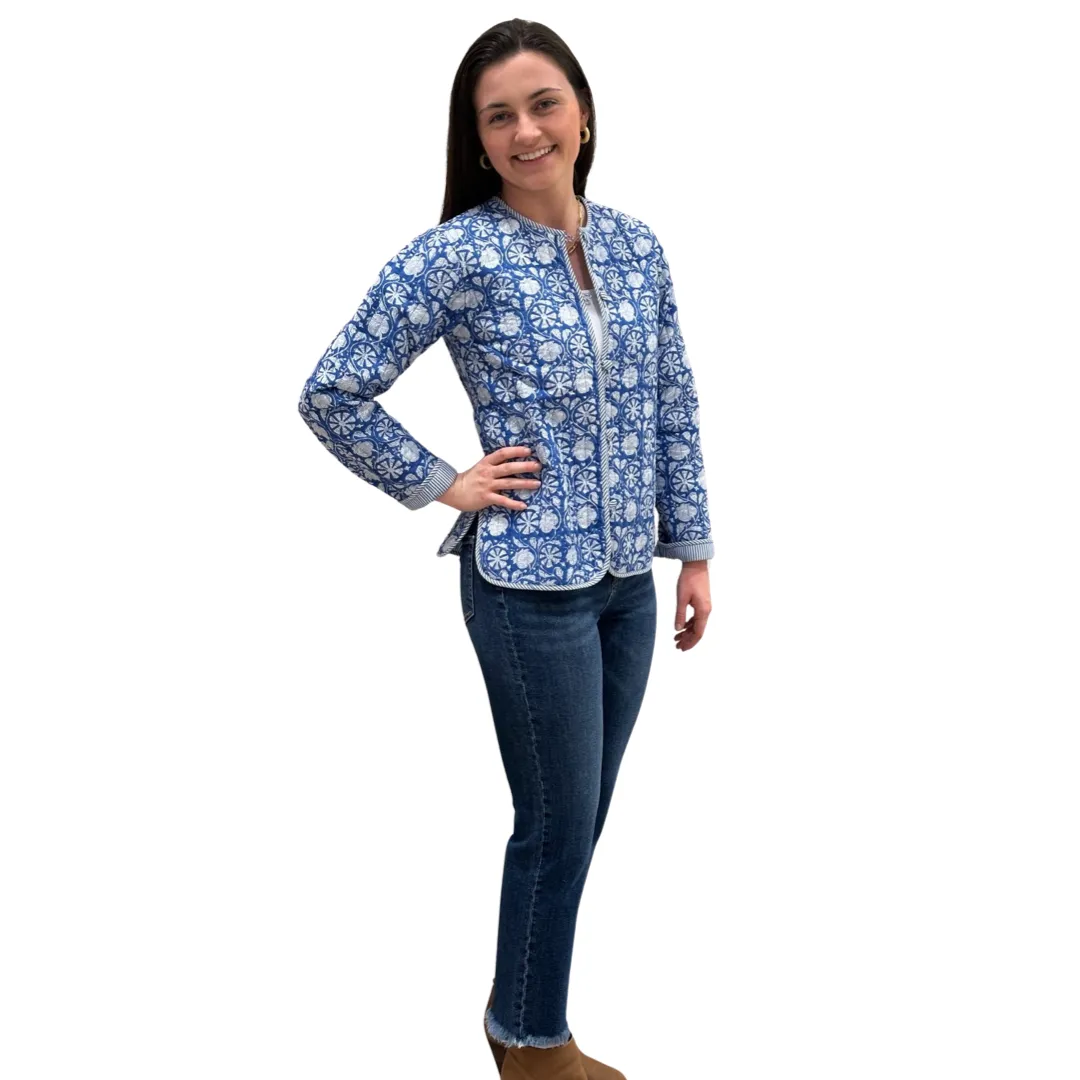 The Madeline Quilted Reversible Jacket in Blue and White Floral