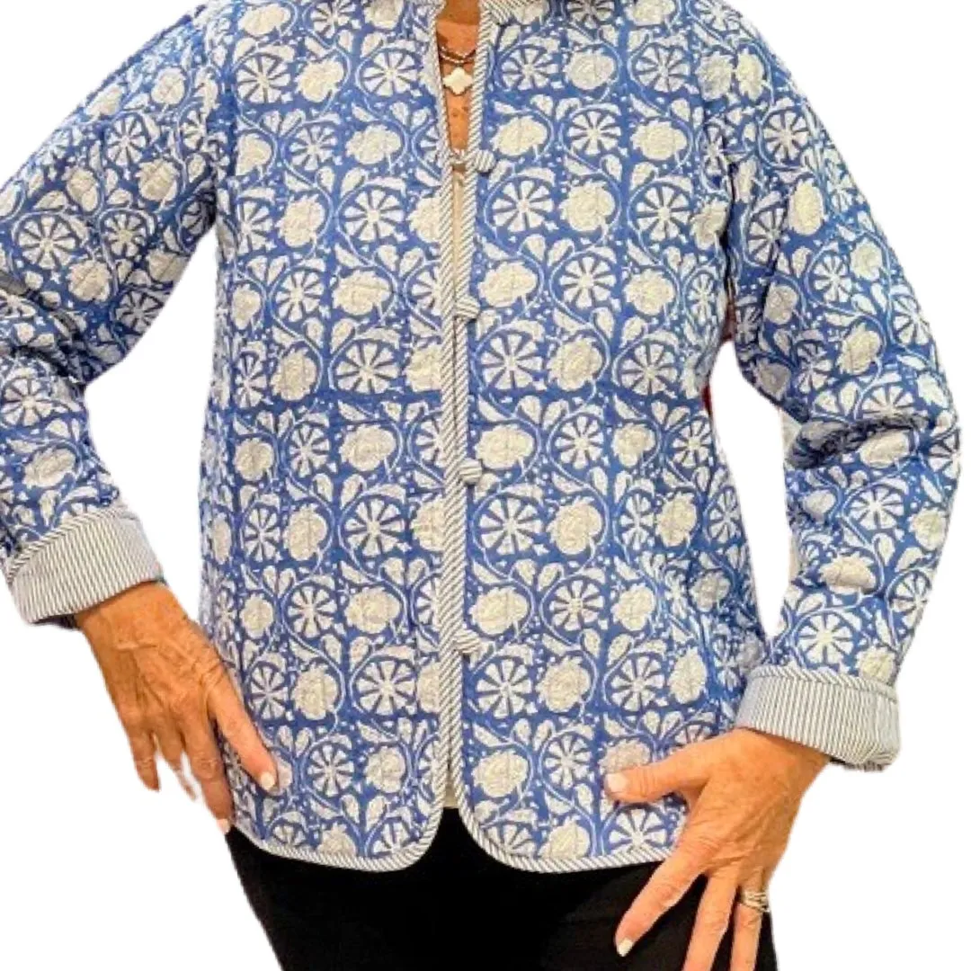 The Madeline Quilted Reversible Jacket in Blue and White Floral