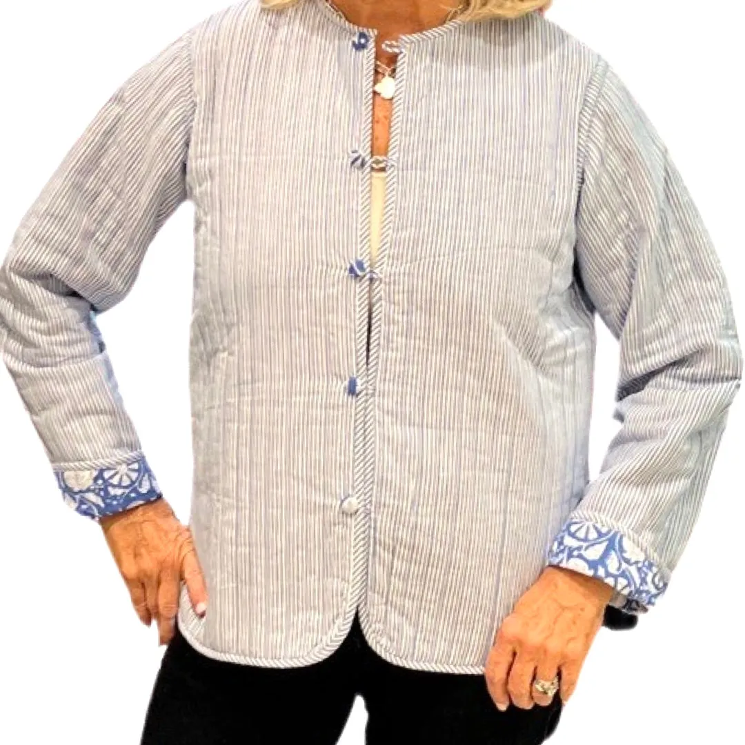 The Madeline Quilted Reversible Jacket in Blue and White Floral