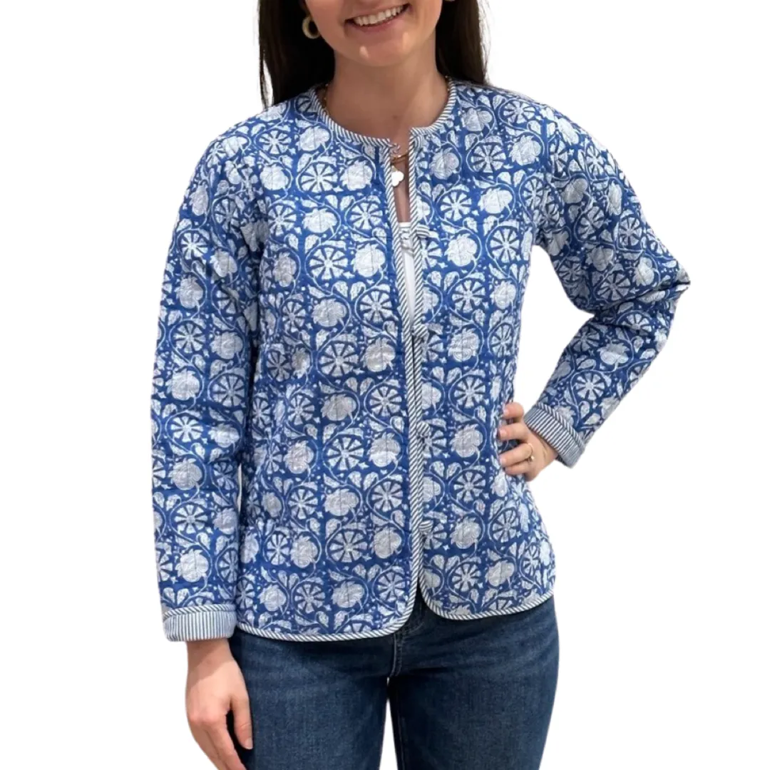The Madeline Quilted Reversible Jacket in Blue and White Floral
