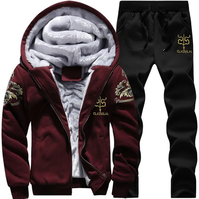 Tracksuit Sporting Fleece Thick Hooded Men Jacket Pant Warm