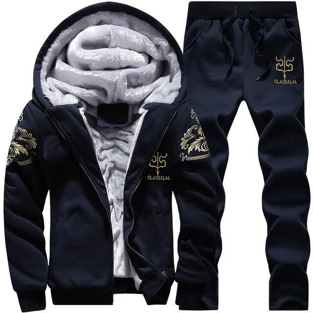 Tracksuit Sporting Fleece Thick Hooded Men Jacket Pant Warm