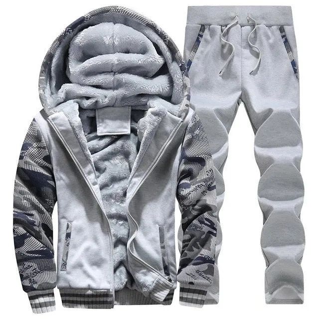 Tracksuit Sporting Fleece Thick Hooded Men Jacket Pant Warm