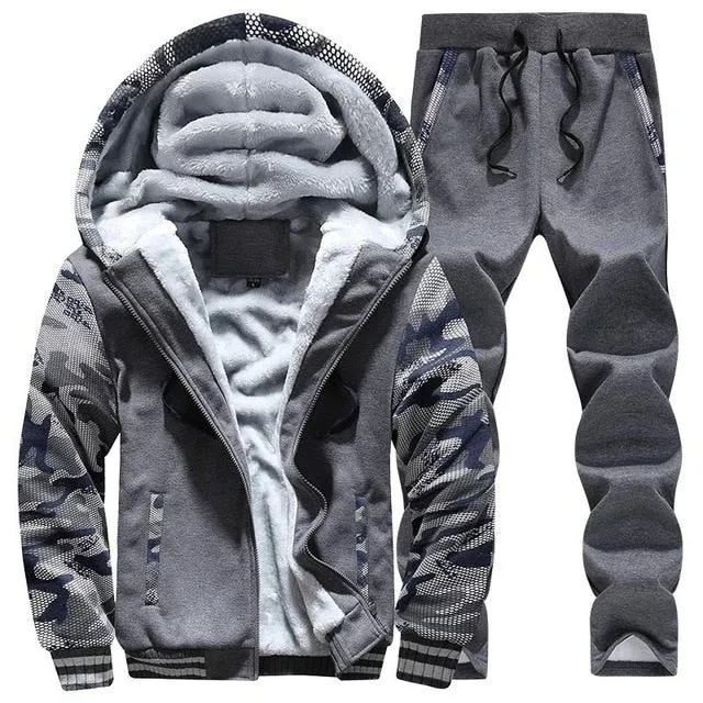 Tracksuit Sporting Fleece Thick Hooded Men Jacket Pant Warm