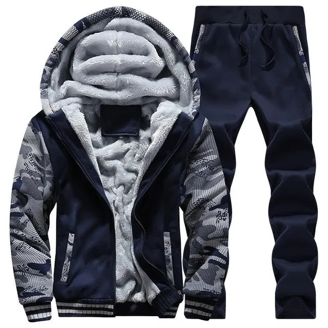 Tracksuit Sporting Fleece Thick Hooded Men Jacket Pant Warm