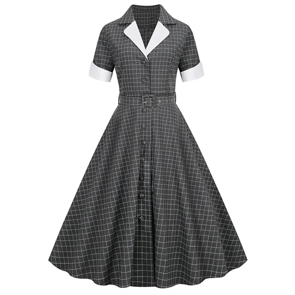 Vintage Plaid V-Neck Belted Dress