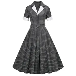 Vintage Plaid V-Neck Belted Dress