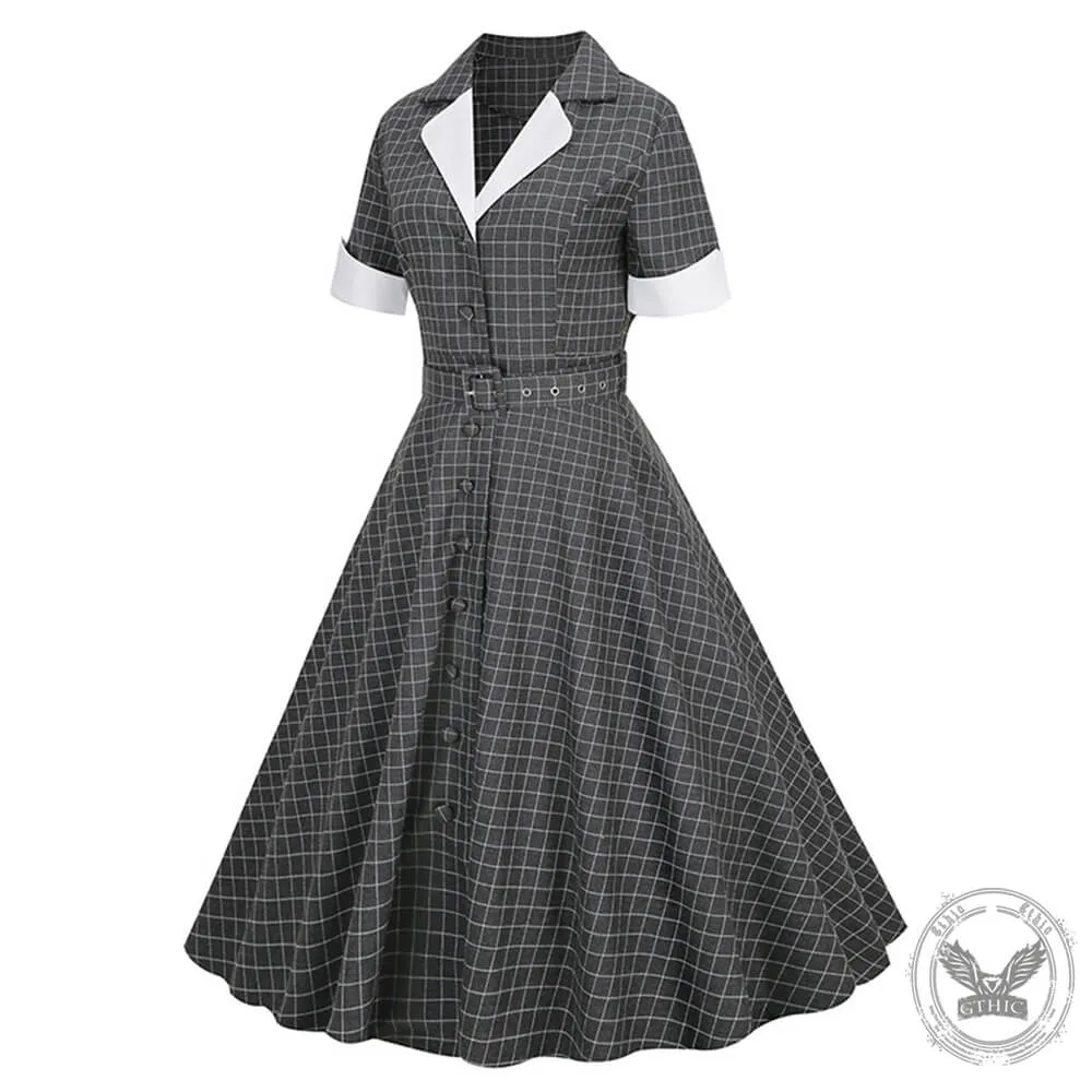 Vintage Plaid V-Neck Belted Dress