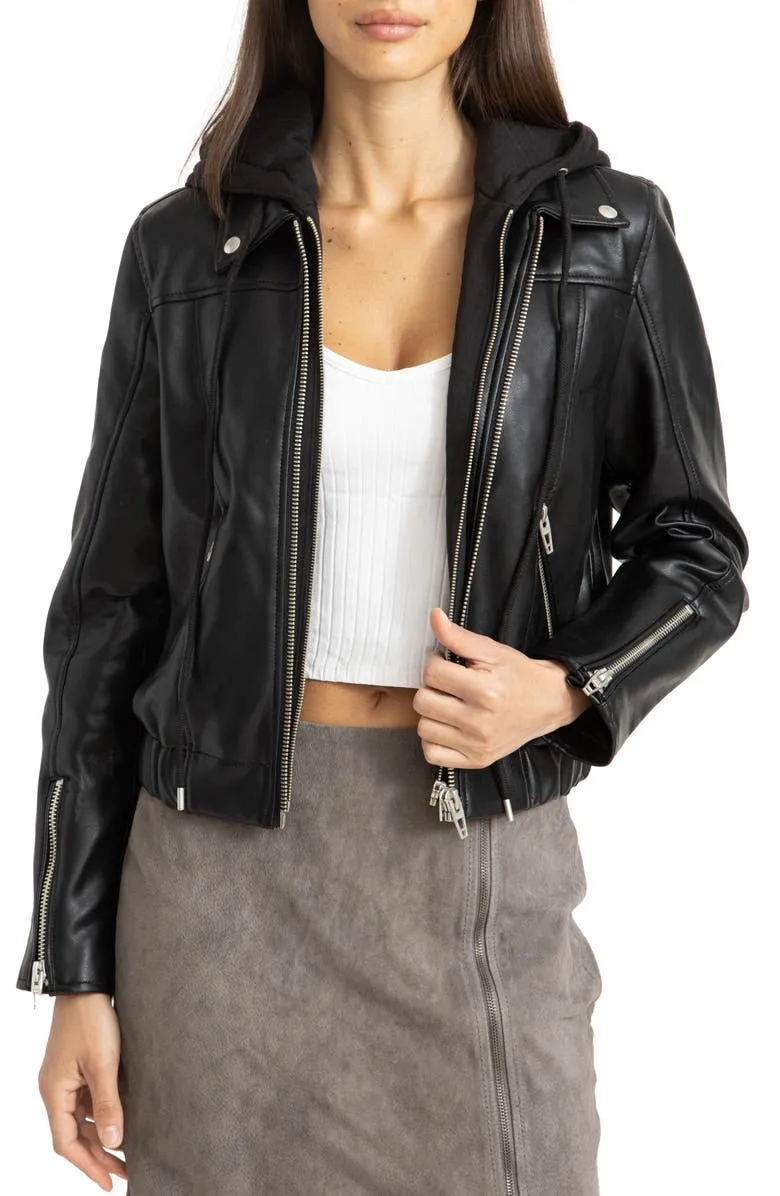 Women hooded Leather jacket in Black By TJS