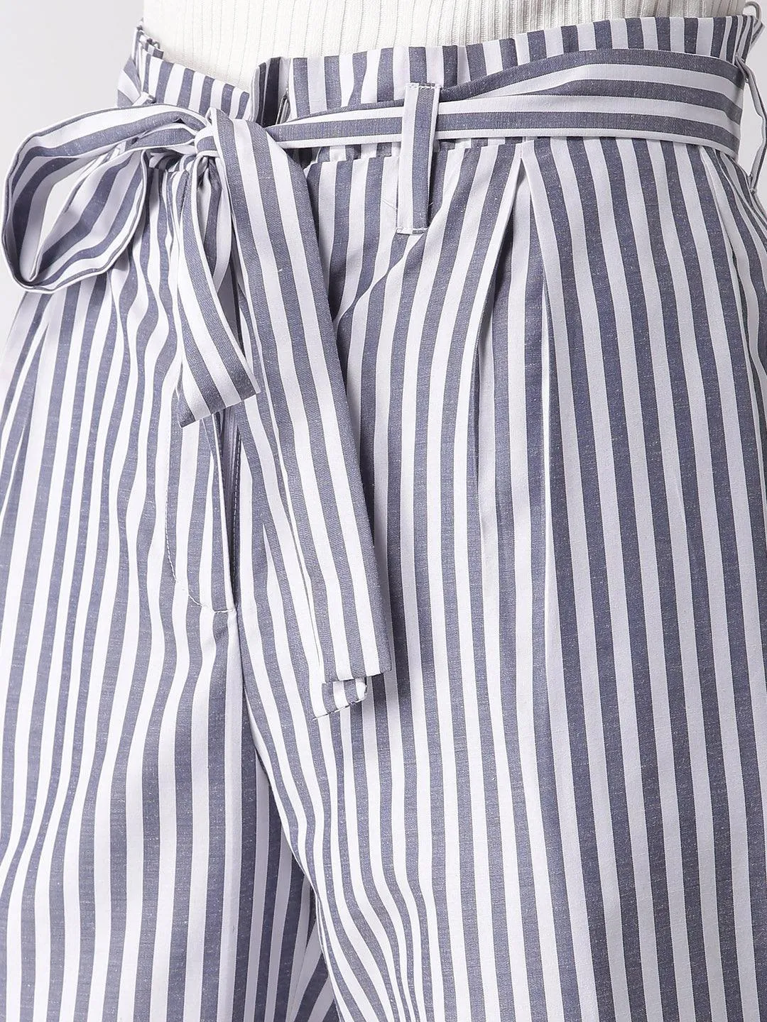 Women White & Blue Tailored Slim Fit Striped Trousers