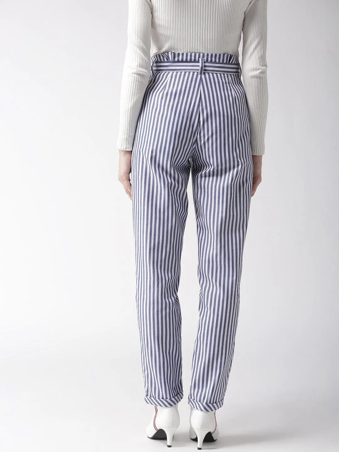 Women White & Blue Tailored Slim Fit Striped Trousers