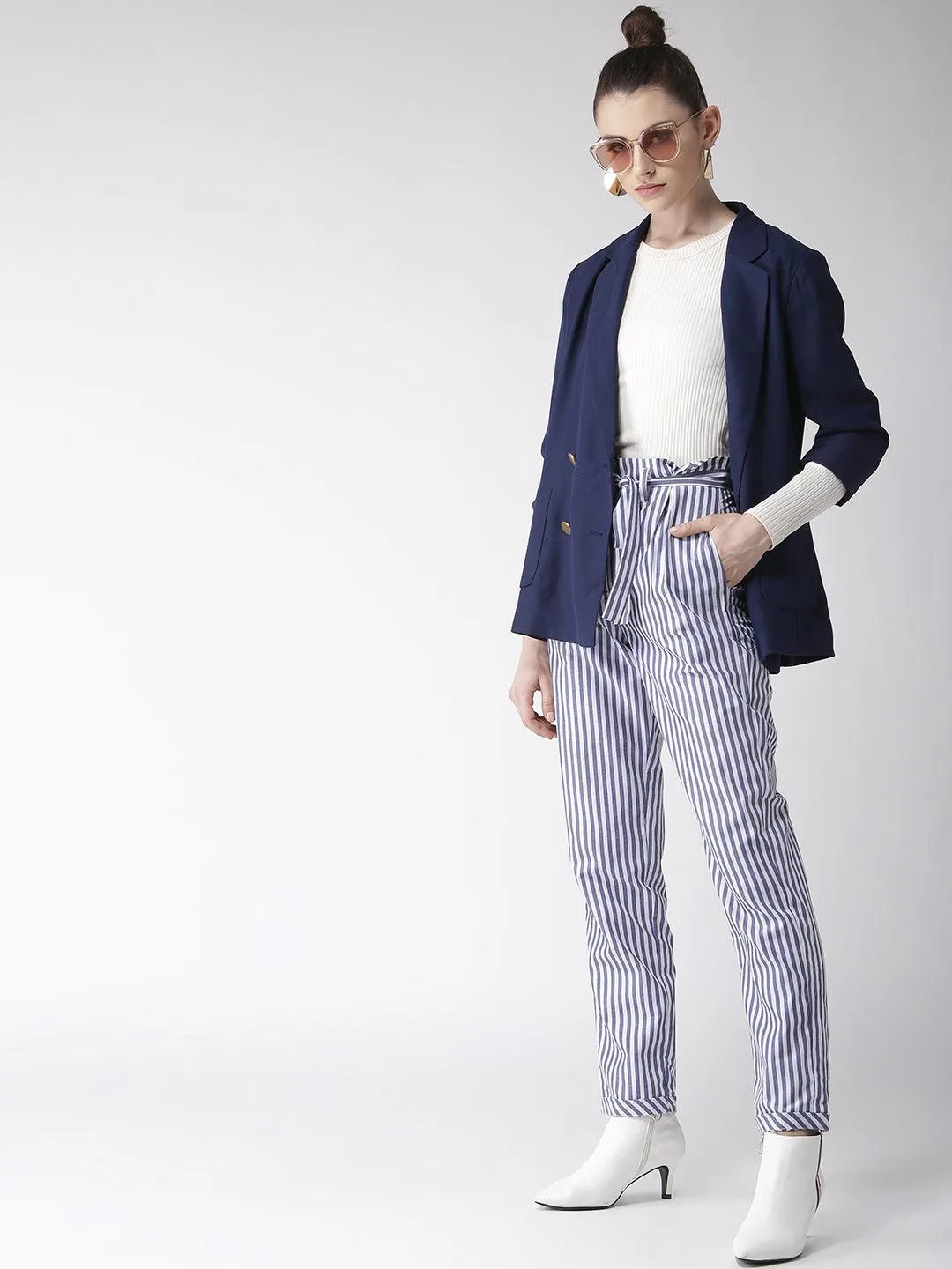 Women White & Blue Tailored Slim Fit Striped Trousers