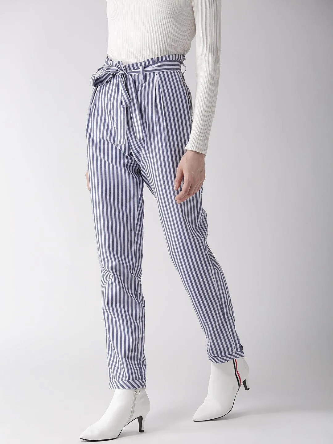 Women White & Blue Tailored Slim Fit Striped Trousers