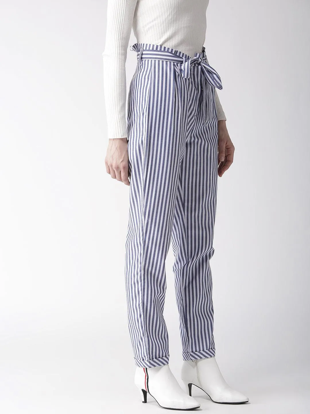 Women White & Blue Tailored Slim Fit Striped Trousers