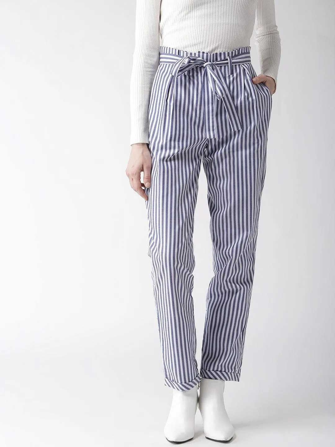 Women White & Blue Tailored Slim Fit Striped Trousers