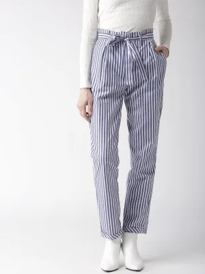 Women White & Blue Tailored Slim Fit Striped Trousers