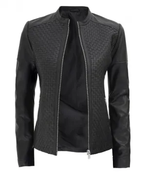 Women's Black Leather Cafe Racer Textured Real Leather Jacket