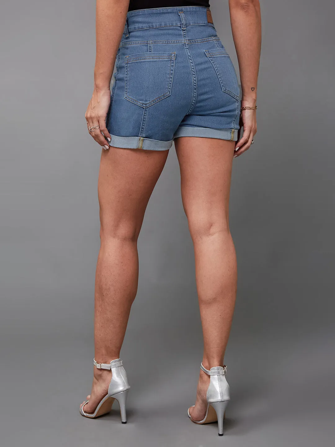 Women's Blue Relaxed-Fit High-Rise Stretchable Blue Denim Shorts